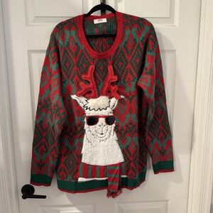 Holiday Time‎ Mens XL  Novelty Llama Christmas Sweater Crew Neck Ugly Party